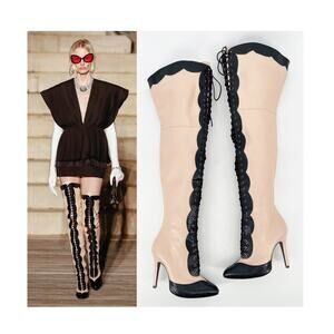 Gucci Harriet Light Rose Black Leather Lace Up Over The Knee Heeled Boots EU 38